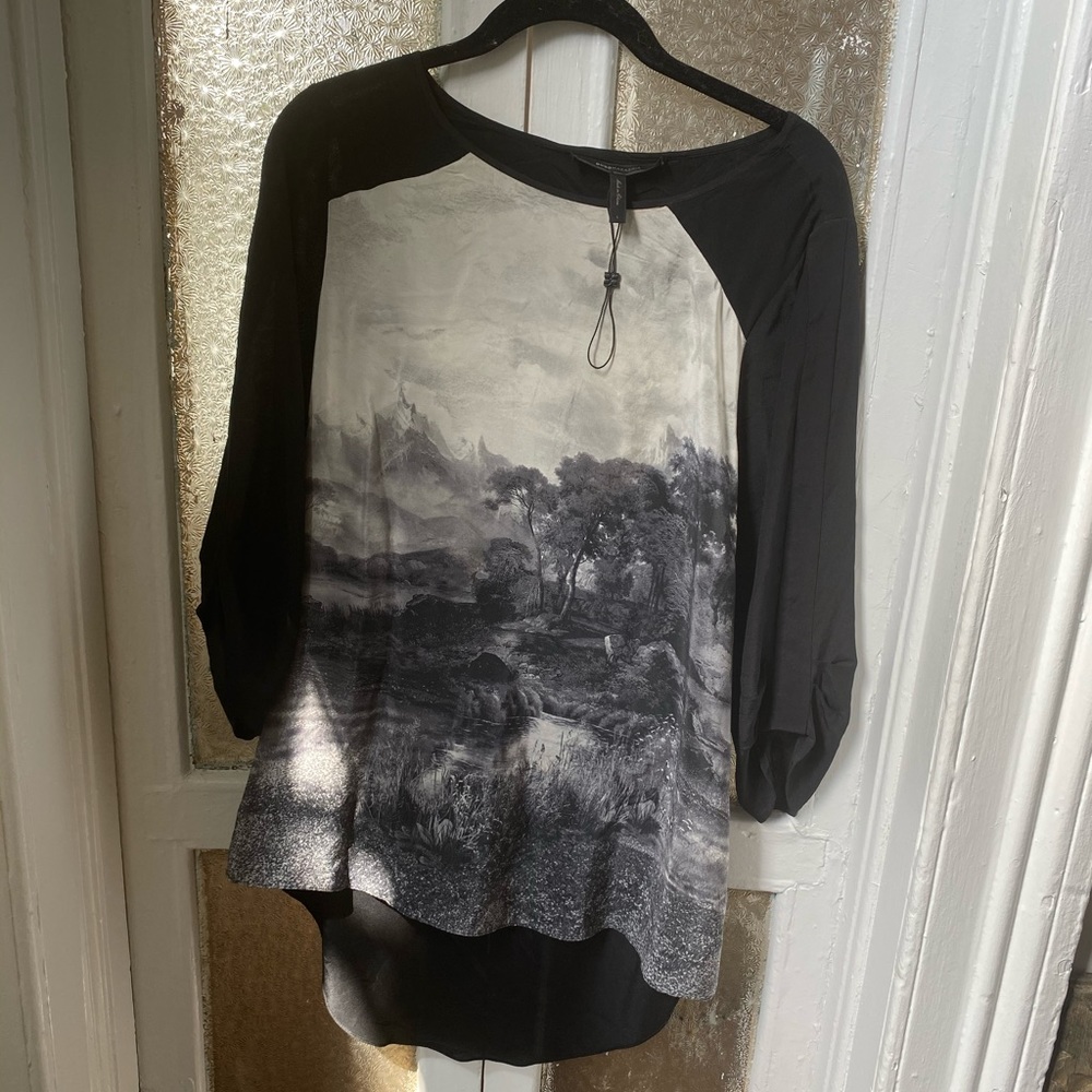 BCBG Landscape Print Blouse with Peekaboo Back